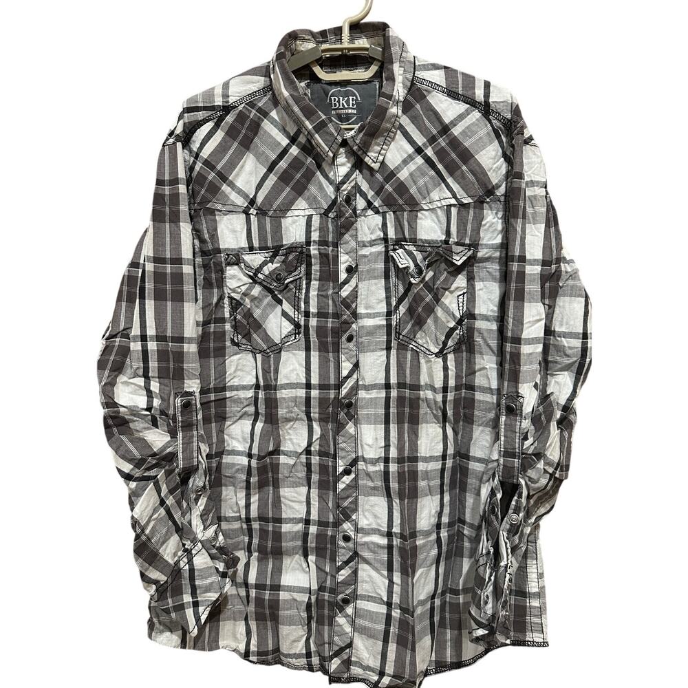 BKE Western Shirt XL Gray White Plaid Pearl Snap Cotton Long Sleeve Rodeo Cowboy